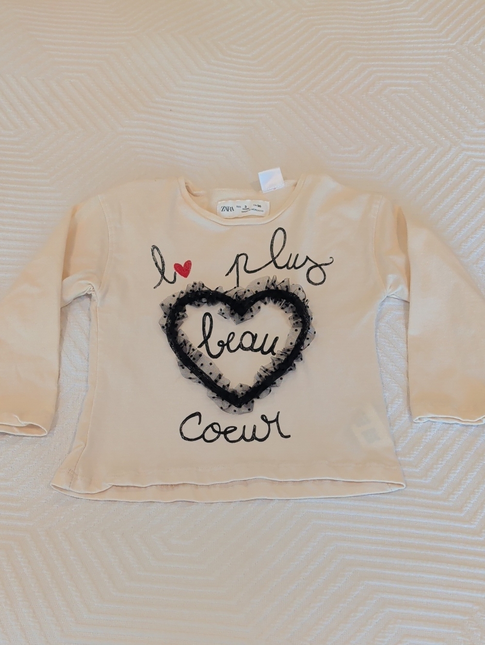 Zara Kids Cream Top with Black Heart Tulle and Red Accent 3T